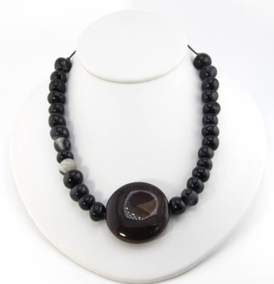 Vintage Necklace Black & Brown Semi Precious Gemstones Agate Quartz on PVU Cord