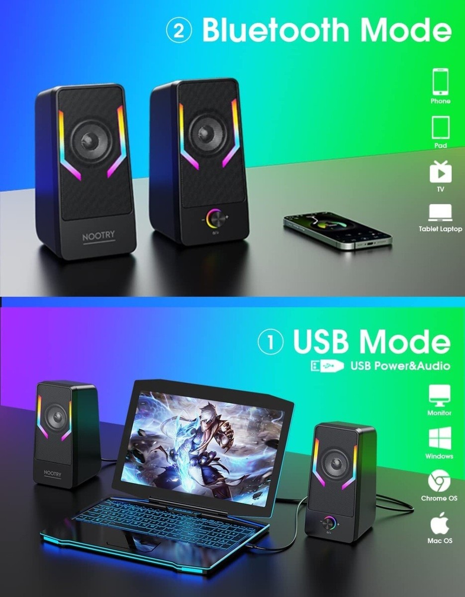 NOOTRY Gaming Speakers PC Surround Sound System Bass USB Desktop Computer  RGB