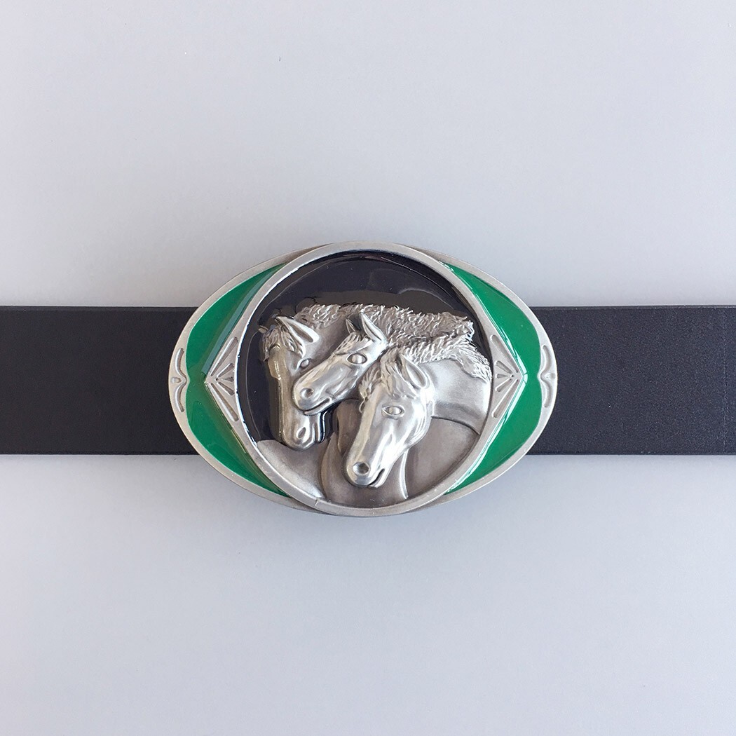 Vintage Fighting Stallions Green Oval Western Belt Buckle HORSE CABALLO MARIACHI Engraved Cowboy Western Belt Buckle  main image 4
