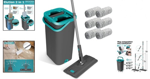 Wischmopp Set Kunststoff Eimer Mikrofaser Bodenwischer Flach 2 in 1 - Bild 2 von 10
