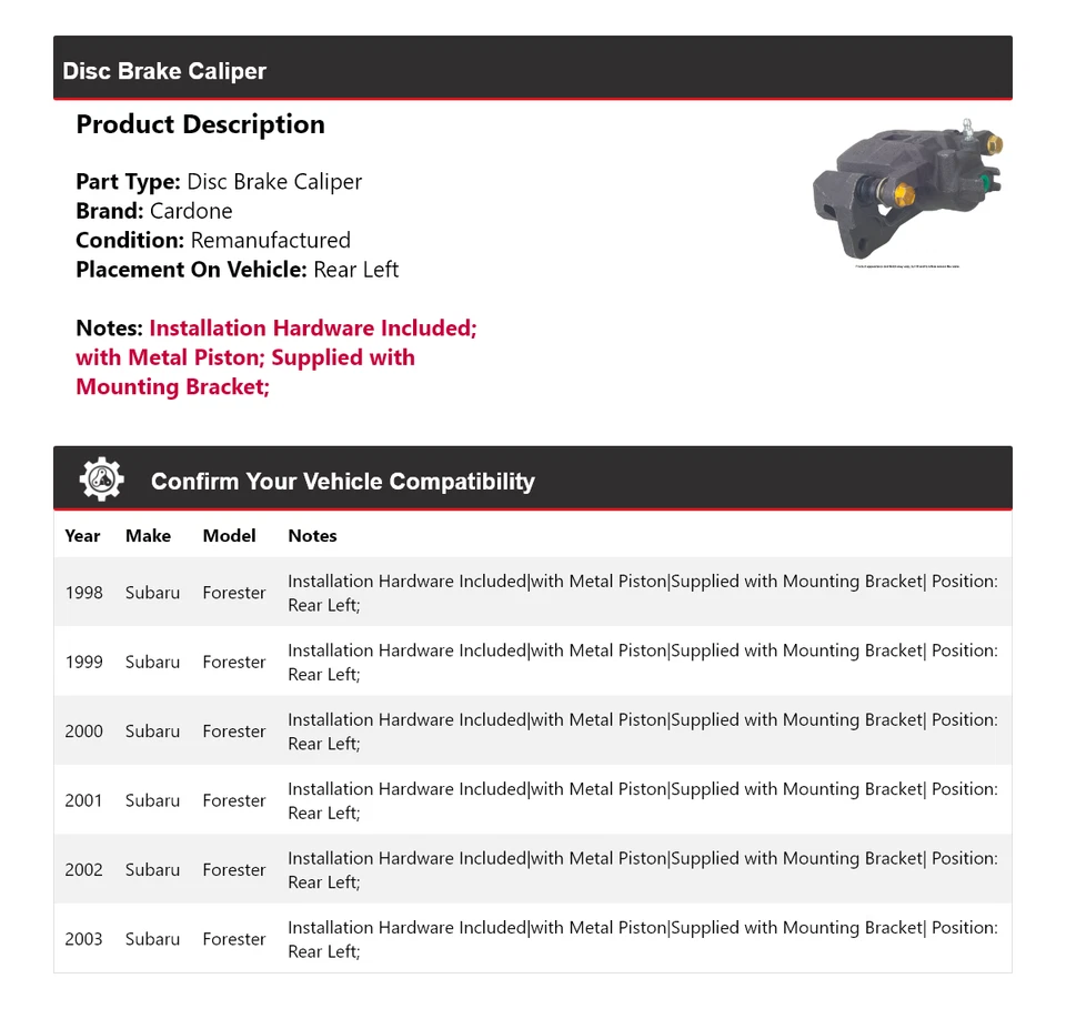 Pinza de freno de disco trasera izquierda Cardone 1999 2000 para Subaru Forester 1998-2003 Foto 2 de 4