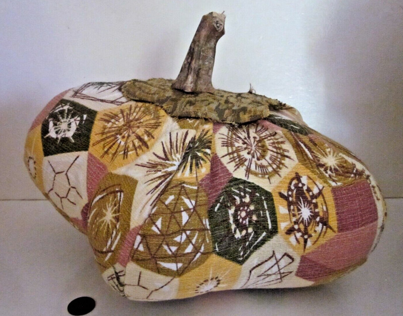 Fall Pumpkin Vtg Material Handsewn Brown Green Yellow 1950 Drapery Real Stem