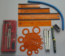 Szablony znaków, koła, linijka krzywa