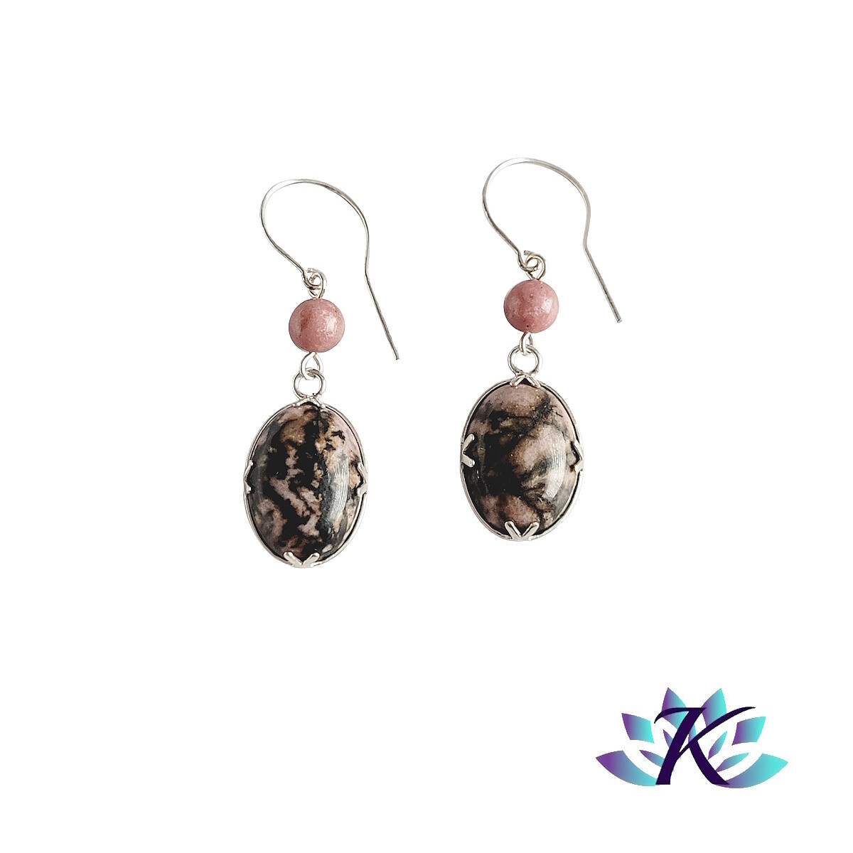 Boucles d'oreilles pendantes en argent massif 925 et rhodonite véritable