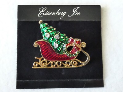 Signed Eisenberg Ice Christmas Sleigh Brooch Pin with Christmas Tree