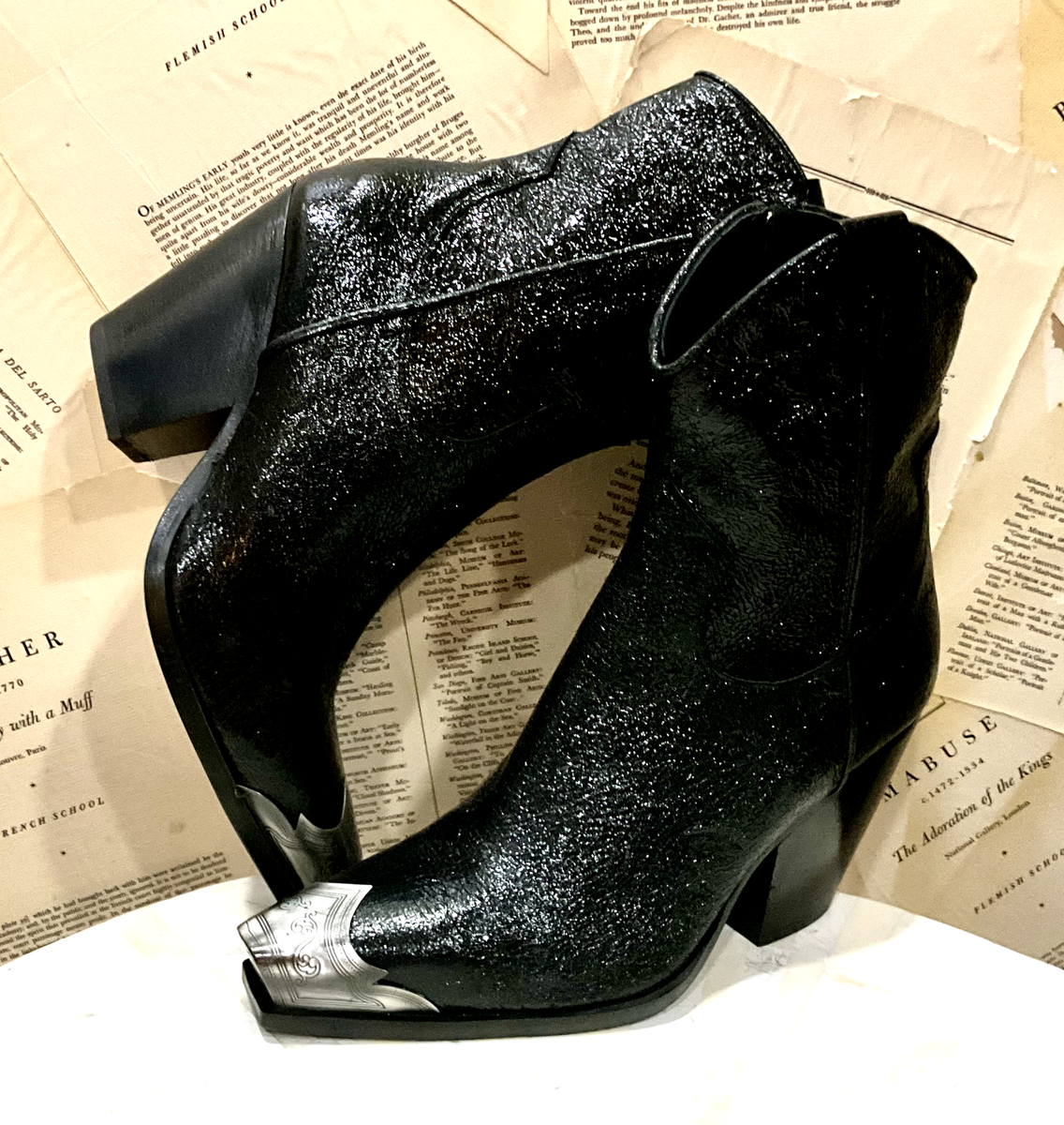 Free People Brayden Western Boot Leather Pewter Tip Metallic Black