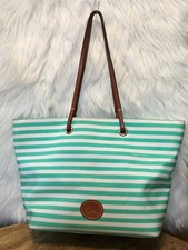 Dooney  Bourke Canvas Leather Green  white Striped Tote Large