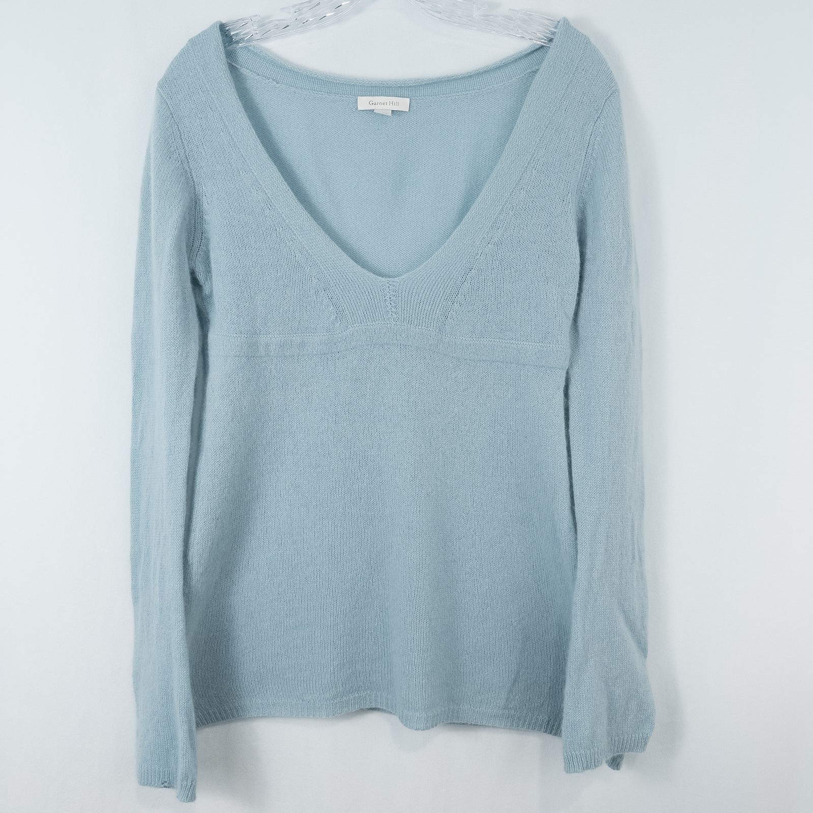 Garnet Hill Cashmere Babydoll Plunge Neck Sweater Womens Small Light Blue FLAWED