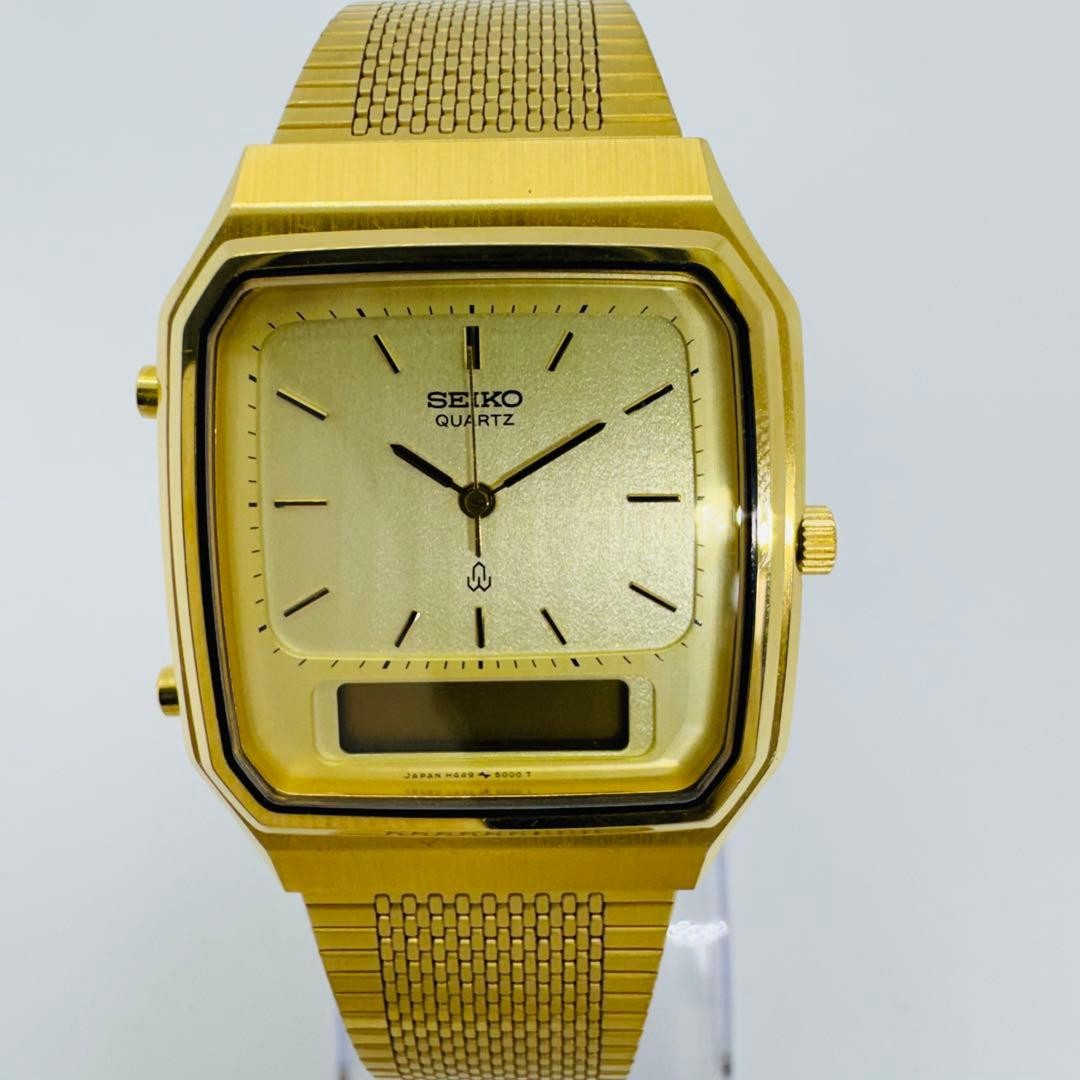 【美品/稼働】SEIKO アナデジ H449-5000 腕時計 ゴールド SEIKO H449 5000 Quartz Gold Dial Wristwatch - Gem