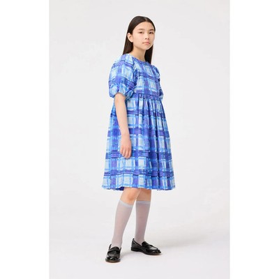 Molo Girl's 15-16  Blue Checks Checked Cotton Calyita Dress Short Puff Sleeve
