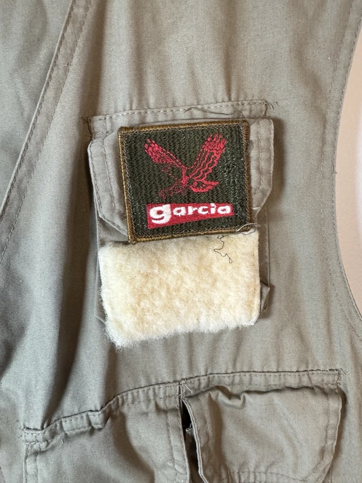 Garcia Fishing Vest Vintage Outdoor Equipment Tackle Zip Pockets Buttons Tan - Image 2 of 4