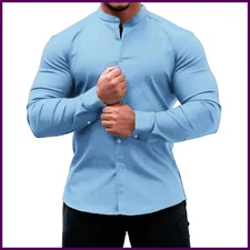 Men Business Workwear Blouse Shirts Summer Male Collarless Button Long Sleeve