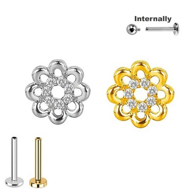 1,2mm Titan Labret runde Blume m Kristallen Ohr Helix Lobe Piercing Gold Silber