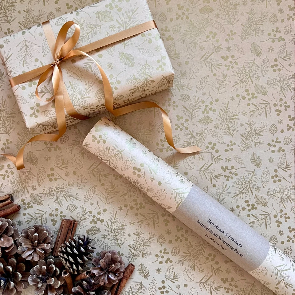 Christmas Wrapping Paper Kraft & Gold Foliage Pine Cone Eco Gift Wrap Sheet Roll - Image 2 of 2