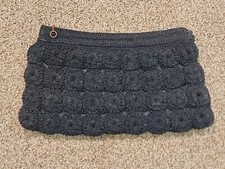 Vintage Handmade 50s Spiral Rosette Motif Black Crochet Clutch Zipper Purse Bag