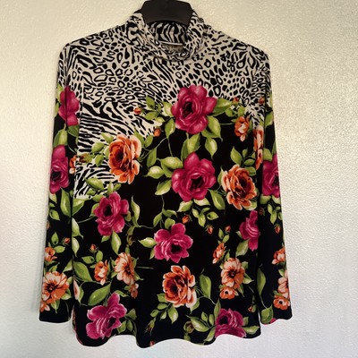 SUSAN GRAVER 1X PLUS TOP BLACK FLORAL LEOPARD STRETCH BLOUSE LIQUID KNIT L/S