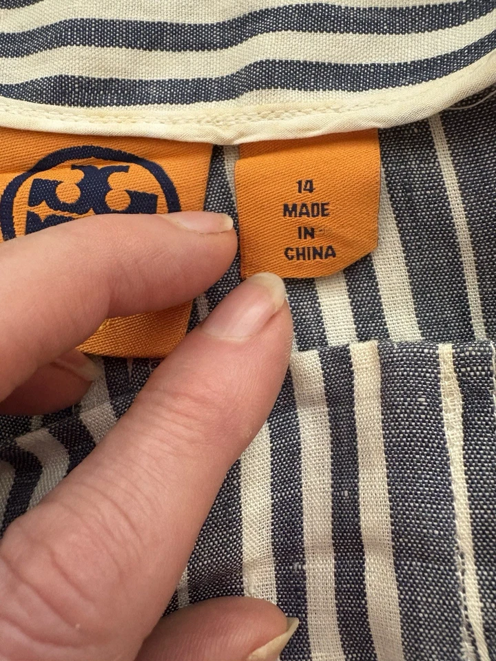 Tory Burch 100% Linen Wide Leg Blue White Striped Pants Sz 14 Nautical - Image 3 of 4