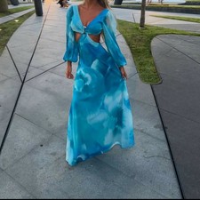 Bohoo Blue Chiffon Print Pearl Trim Maxi Dress, Size 8