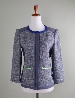 ELIE TAHARI $395 Snap Up Textured Tweed Lined Fringe Trim Jacket Top Size 4