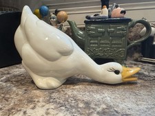 Vintage 1970s Ceramic Hand Painted White Country Farm Duck Goose Statue