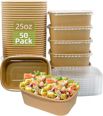 25Oz Disposable Paper Bowls with Lids, 50 Sets Salad Bowls to Go for Lunch Micro