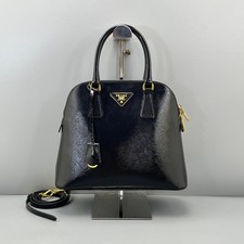 AUTH PRADA Medium Black Patent Leather Shell Dome Top Handle Bag.