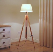 Image of Floor lamp with natural beech wooden tripod and cotton fabric lampshade