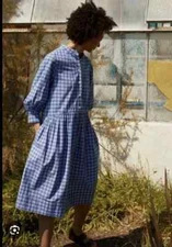 Toast Seed Check Cotton Shirt Dress Size 12 Blue Midi Sleeves Pockets