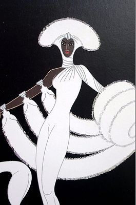 Erte 【Ebony and White】vintageitem 1980年代 Erte 1987 EBONY and WHITE BROWN SKINNED LADY in FUR w GREYHOUND