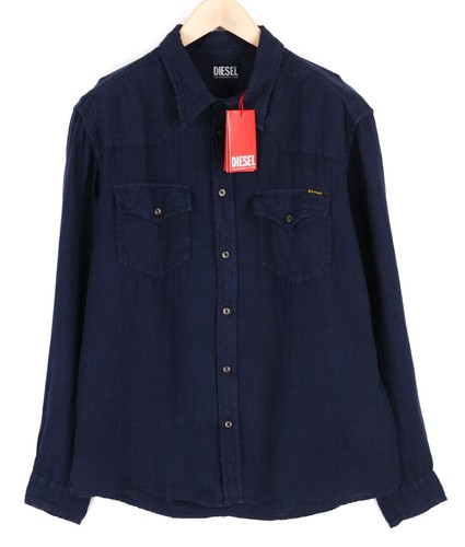 DIESEL S-East-Long-Lin Mens Shirt L Western Linen RRP€175 Spread Neck Dark Blue