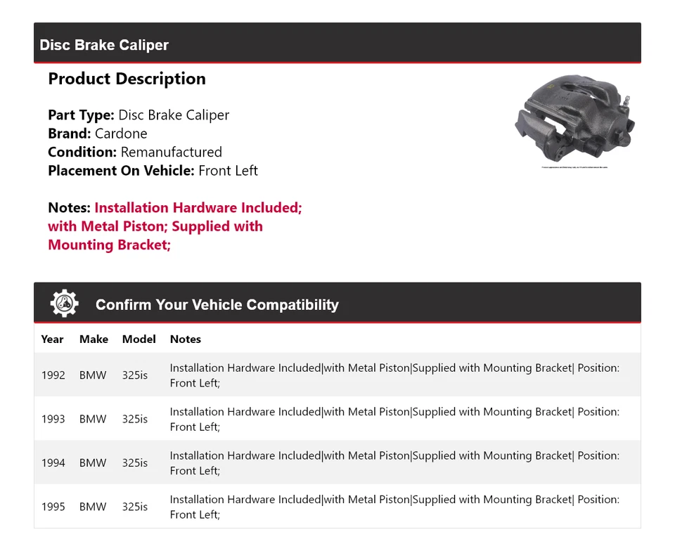 Para 1992-1995 BMW 325is Pinza de freno de disco delantera izquierda Cardone 1993 1994 Foto 2 de 4