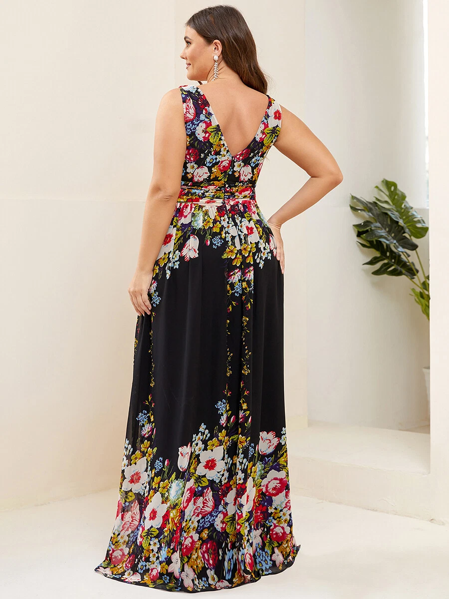 Plus Size Sleeveless V Neck Floral Print Chiffon Maxi High Waisted Dress
