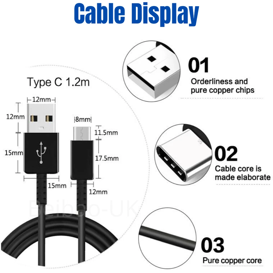 批发散装 USB C C 型电缆快速充电器 批量 适用于三星 S8 S9 S10 Note 10 — 第 2/4 张图片