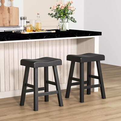 Solid Wood Saddle Stools Set of 2, Kitchen Counter-Height Stools w/Curved Seats