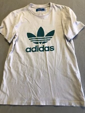 Adidas Shirt Women's Small Light Gray Big Blue Logo Classic Active Casual Tee