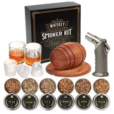 Whiskey Smoker Kit with Torch - 6 Flavors Wood Chips, 2 Glasses, 2 Ice Ball Mold