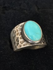Designer 925 Sterling Silver Oval Bezel Turquoise Hammered Wide Band Ring Sz 9.5