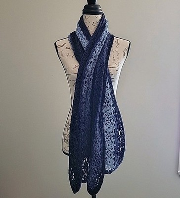 Crocheted Scarf Women's One Size Blue Ombre Gentle Waves Pattern Handmade   