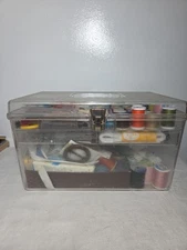 Vtg.Wilson Wil-Hold Sewing Box Loaded with Various Notions Needles,Buttons,ect..