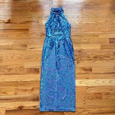 Formal sequin gown high neck open back iridescent blue prom black tie