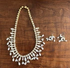 Alice Caviness Silvertone Rhinestone Pearls Necklace + Earrings Art Deco Style