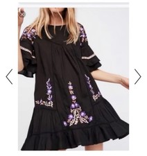 Free People Women Sz M Pavlo Cotton Floral Embroidered Dress Black Ruffles Boho