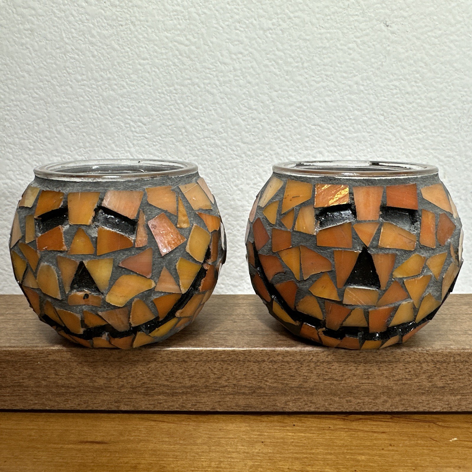 2 Jack-o'-lantern Pumpkin Halloween Glass Mosaic Tile Votive Candle Holder