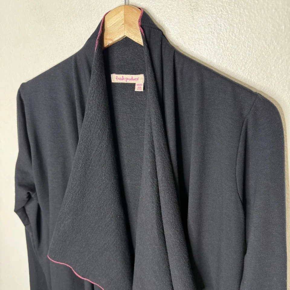 Fresh Produce Black Open Front Cardigan Pink Trim Pockets Women’s Medium/Large - Image 2 of 4