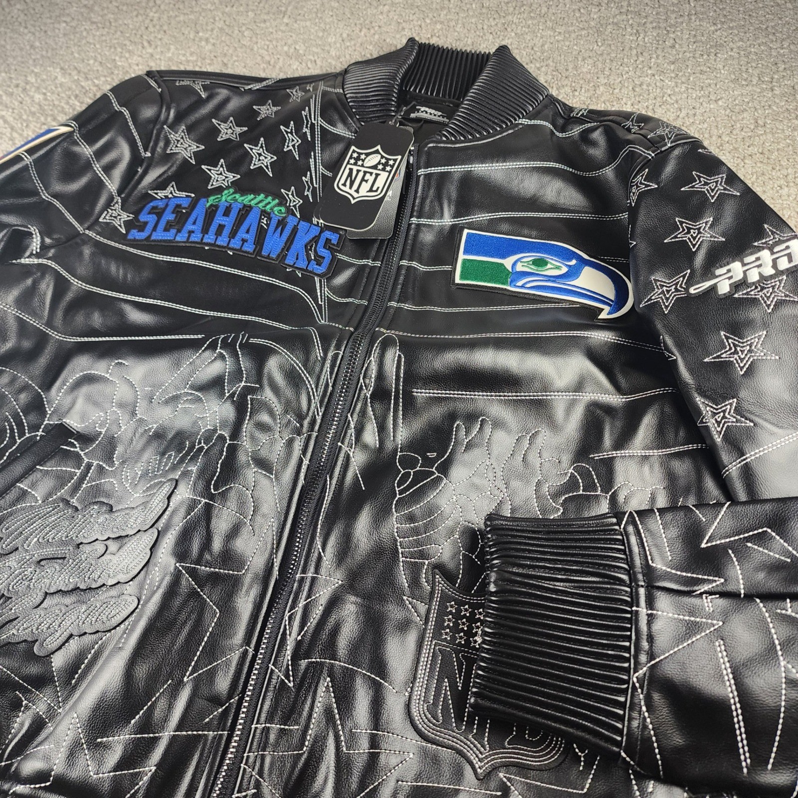 Pro Standard Seattle Seahawks Jacket Mens L Black Varsity Faux Leather NWT - second product detail image
