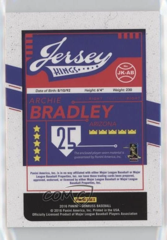 2016 Panini Donruss Jersey Kings Studio Season /25 Archie Bradley #JK-AB - Image 2 of 2