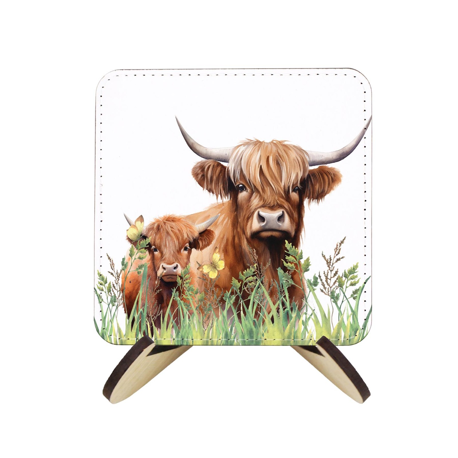 Set of 4 Highland Cows Faux Leather Square Coasters & Wooden Stand