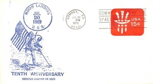 APOLLO 11 10th ANNIV.  ASTRONAUT/FLAG CACHET DOWNEY, CA 15c STAMPED ENV. SC#U581