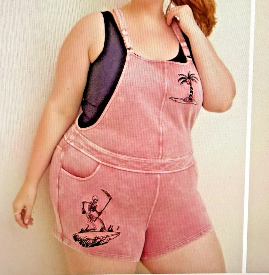 Torrid LoveSick Shortfall French Terry Surf Mauve Wash Pink Overalls Size 2X - Image 4 of 4