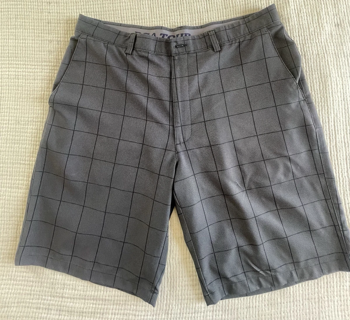Short PGA TOUR Homme Taille 36, Coupe Régulière, Motif écossais Bleu Et Gris, Idéal Pour Le Golf Ou Le Quotidien